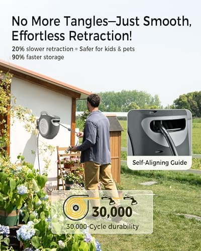 Retractable Garden Hose Reel 5/8 in x 50 ft Upgraded UV Resistant Heavy Duty Automatic Hose Reel Wall Mount 3/4 in Brass Fitting 9 Pattern Nozzle Any Length Lock Slow Retraction 180° Swivel - Image 5