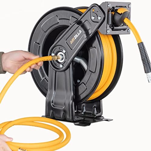 AIRZILLA Premium Steel Retractable Air Hose Reel With Dual Arm, 3/8"x50Ft Hybrid Polymer Hose, Heavy Duty Air Hose Reel included Auto Rewind Reel | Quick Air Coupler | Durable Double side Frame. - Image 3