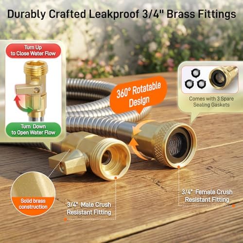 Garden Hose, 50ft 5/8" Stainless Steel Water Hose w/ 10-Mode Spray Nozzle, On/Off Valve, 523 PSI Burst, Anti-Kink, Lightweight All-Weather Flexible, Leakproof 3/4" Brass Male to Female Fittings - Image 5