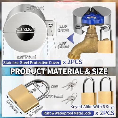 Outdoor Faucet Lock, 2 Pack Water Hose Bib Spigot Locks Stainless Steel Cover & Brass Padlock Kits for 1-1/2 to 3 Inch Dia Valve Handles to Prevent Garden Faucets and Outside Water Thefted - Image 2