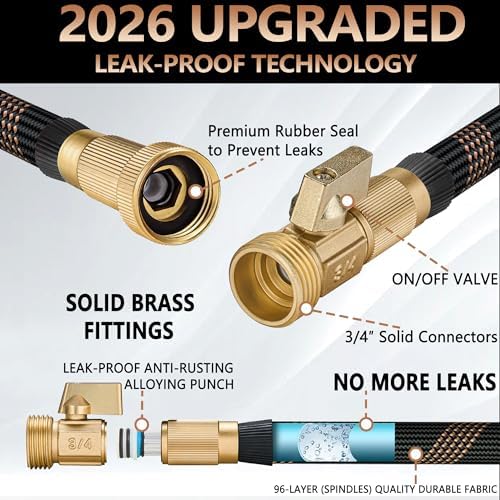 Garden Hose 75FT, Lightweight Flexible Water Hose, 5/8" Kink Free Leak Proof Hose, Heavy Duty 96-Layer Woven with 3/4" Brass Fittings, 10 Function Nozzle for Yard Lawn Outdoor Car Wash(BlackRosegold) - Image 2