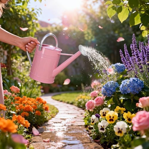 1.7 Gallon Pink Decorative Countryside Style Water Can with Removable Spout, Metal Watering Can for Garden Flower, Galvanized Watering Can for Outdoor Indoor Plants - Image 6