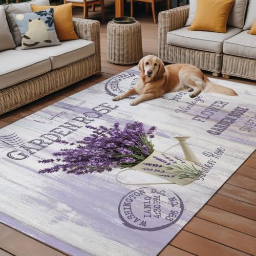 Lavender Flower 6x9 Waterproof Outdoor Rug with Non‑Slip Backing Watering Can Purple Old Postcard Wood Machine Washable Deck Patio Rug Mat for Camping, RV, Garden, Balcony Pool - Image 4