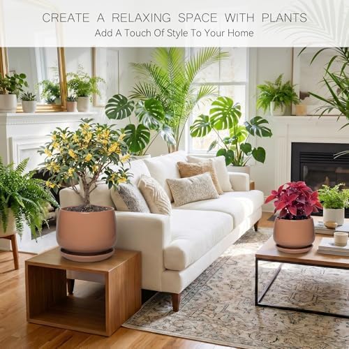 7.5 Inch Ceramic Planter with Saucer,Modern Garden Pots with Drainage Hole Mesh Net, for Indoor Outdoor Use(Reddish Brown) - Image 2
