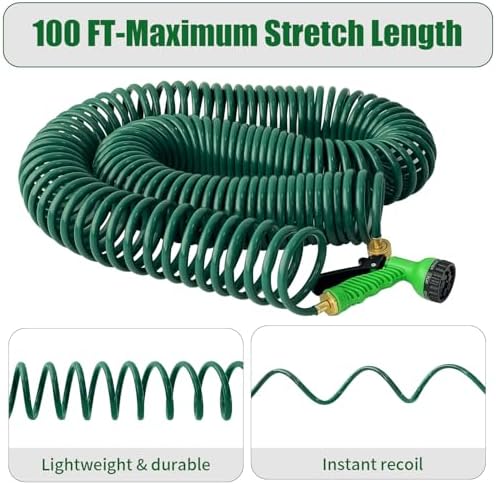 100FT Kink-Free EVA Coil Garden Hose, 3/4'' Brass Connector Expandable Self Coiling Water Hose with 7 Patterns Spray Nozzle for Lawn, Greenhouse, Patio, Boat, Car Wash - Image 4