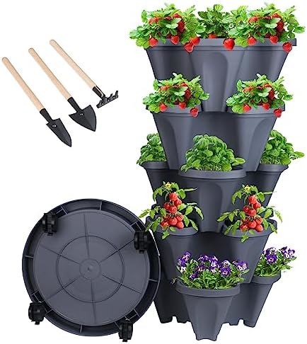 DUNCHATY Stackable Planter, Vertical Garden Planter with Wheels and Tools, Self Watering Strawberry Indoor/Outdoor 5 Tier Tower Herb for Growing Vegetables Succulents, Dark Gray by DUNCHATY