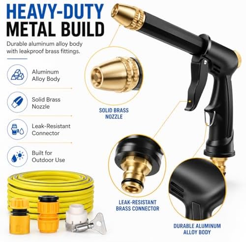 2026 New Multifunctional Car Wash Tool,High Pressure Hose Nozzle for Garden Hose,Metal Power Washer Wand with 360° Adjustable Spray,Brass Connector Trigger Lock for Car Washing (1set+49FT(15m) Hose) - Image 7