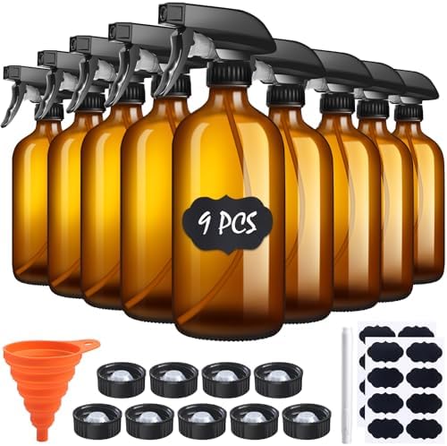 sietpoek 9 Pack Glass Spray Bottle 16oz, Empty Amber Spray Bottle Refillable Container for Essential Oils,Cleaning Products,Aromatherapy spray device by sietpoek