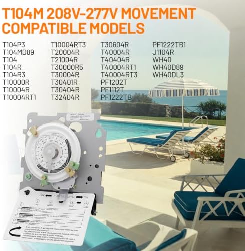 New T104M Mechanical Timer Switch (Mechanism Only), 24-Hour Heavy-Duty Timer Switch for Pool Pumps, 208V-277V 40A DPST, with High-Contrast White Dial, 4 Pairs of Trippers Included - Image 3