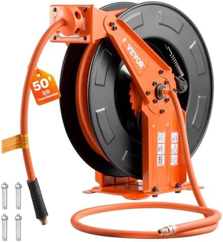 VEVOR Retractable Air Hose Reel, 3/8 Inch x 50 FT Rubber Air Hose Max 300PSI, Auto Rewind Air-Compressor Hoses Reel with 5 ft Lead in, Ceiling/Wall Mount Heavy Duty Steel Double Arm by VEVOR
