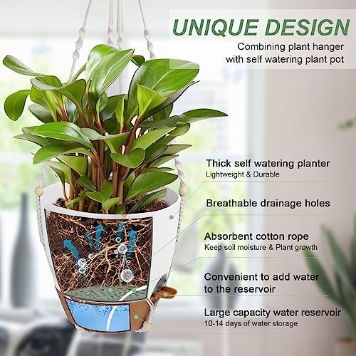 Vanslogreen Hanging Planters for Indoor Outdoor Plants, 12 Inch Self Watering Hanging Pot with Drainage Holes & Removable Tray, Macrame Plant Hanger for Boho Home Decor (Ivory+White)(Ivory+White) - Image 2