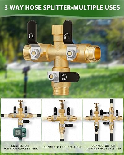 Garden Hose Splitter, 3 Way Heavy Duty Brass hose splitter, Water Hose Bib Spigot Splitter with 0.59" Full Flow Ball Valve Outlet & Shut-Off Valve 3/4'' Connector Outdoor Water Faucet Adapter - Image 6