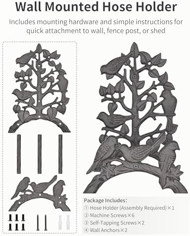 Cast Iron Garden Hose Holder Wall Mount, Rustic Heavy Duty Water Hose Hanger Storage Rack, Decorative Vintage Hose Reel Organizer for Outside Garden Yard Patio, Birds on Branch Design - Image 3