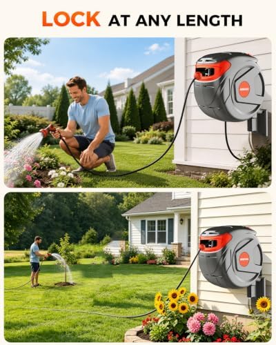 Retractable Garden Hose Reel 100 FT 1/2 Inch Wall-Mounted 180° Swivel 9-Patern Nozzle Automatic Slow Return Any Length Lock Hose Reels for Homeowners Garden Farm - Image 5