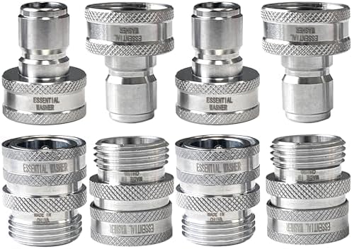 Essential Washer Stainless Steel ¾” Garden Hose Quick Connect Fittings | One Hand Operation Design | Plug & Coupler Set Of 4 by EssentialWasher
