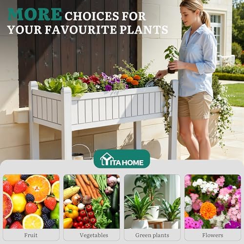 YITAHOME 43.3x17.7x34 in Elevated Garden Bed, Outdoor Plastic Planter Box with Wheels, Legs, Drain Plug, and Storage Shelf for Plants, Vegetables, Flowers, Herbs, Grayish-White - Image 6