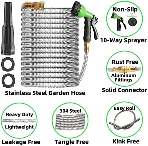 Metal Garden Hose 25ft Heavy Duty Stainless Steel Water Hose with 2 Nozzles for Yard, Outdoor - Flexible, Never Kink & Tangle, Puncture Resistant - Image 2