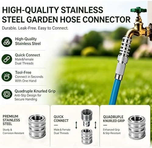 5 Pack Stainless Steel Garden Hose Quick Connect Fittings Set - Quick Connect Hose Fittings, Heavy-Duty 1/2" to 3/4" GHT Quick Release Connector Kit for Faucet, Sprayer & Outdoor Water Hose - Image 3