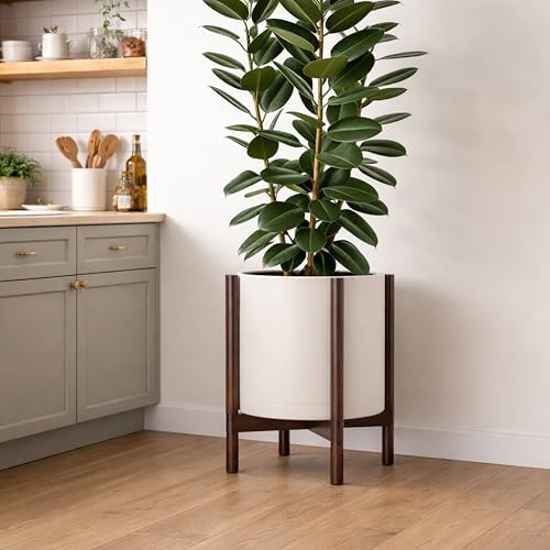 D'vine Dev Plastic Pot with Walnut Wood Stand, Oatmeal, 14 in, 55-C-R-3 - Image 4