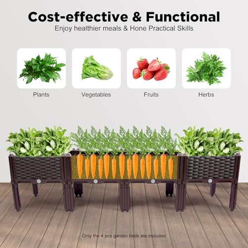 4-Piece Modular Raised Garden Bed Set, 15" Elevated Planter Box with Legs & Self-Watering Drainage, Weatherproof Plastic Vegetable Grow Kit for Patio Balcony and Deck - Image 5