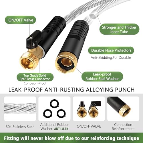 Metal Garden Hose 100 ft Stainless Steel Water Hose Heavy Duty Flexible Lightweight Durable Long No Kink Hoses Pipe with 10 Function Nozzle Strong 3/4’’ Solid Brass Fitting for Outdoor Yard - Image 2