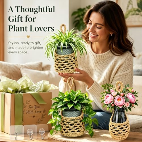 ESOW Hand‑Woven Macrame Wall Hanging Planters with Plant Pots, 3 Pack - Image 2