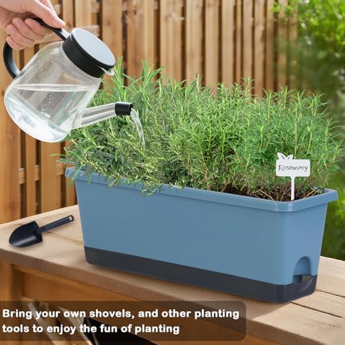 Window Box Planter 4 Packs, 17 Inches Rectangle Flower Pots with Drainage Holes & Trays, Pots for Vegetables, Herbs, Flowers, Garden Windowsill Balcony (Blue, 17 * 5.1 * 6 inch) - Image 6