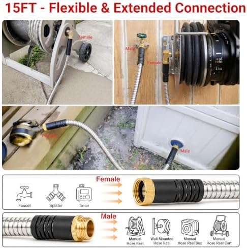Lefree 15FT Stainless Steel Short Garden Extension Hose, Lightweight Anti-Kink Leakproof Water Hose with Upgraded Rubber Sleeve, for Small Backyard, RV Camper, Balcony Gardening & Hose Reel Lead-In - Image 4