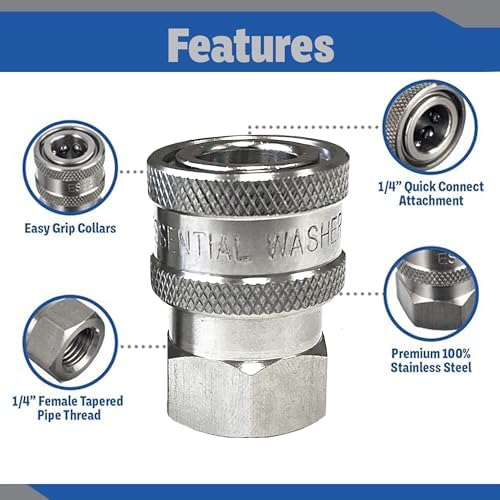 Essential Washer Stainless Steel ¼” Quick Connect Female NPT | Pressure Washer Quick Connect Fittings | 5000 PSI | Set Of 6 - Image 3