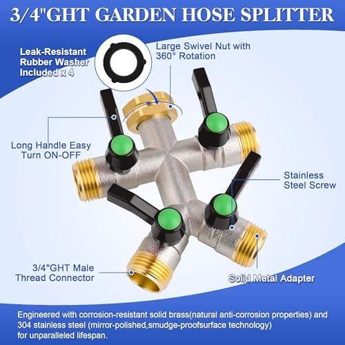 EJW Hose Splitter 4 Way, Garden Hose Splitters, Heavy Duty Faucet Splitter,Rv Brass Water Hose Y Splitter, Hose Connector, Spigot Splitter, Four Way Hose Manifold Valve 3/4 Inch GHT Thread. - Image 2