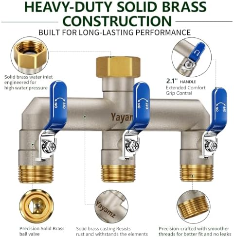 3-Way Garden Hose Splitter, Heavy-Duty Brass, 3/4" GHT, (Blue) - Image 2