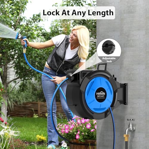 Himimi Retractable Garden Hose Reel 100 ft + 6.6 ft, 1/2 in Wall Mounted Heavy Duty Water Hose Reel with 10-Pattern Nozzle, Upgraded Slow Auto Rewind, Any Length Lock, 180° Swivel Mount - Image 5