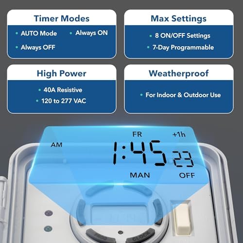 BN-LINK Pool Pump Timer Outdoor Digital Timer Box, Heavy Duty 7 Day Programmable, 2HP 40A Max, 120, 240, 277 VAC, for Pool Pump, Water Heater, Fans, SPA - Image 2