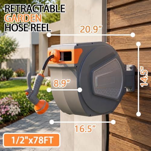 Retractable Garden Hose Reel,Heavy Duty Water Hose Reel,Wall Mounted with 9-Pattern Spray Nozzle,Any Length Lock,Slow Retract System,180° Swivel for Yard,Lawn,Patio & Car Wash (Grey, 1/2" x 78 FT) - Image 2