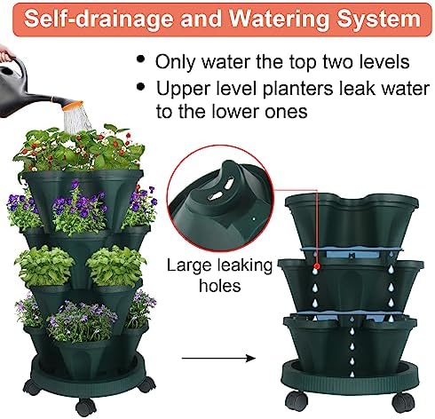 GameXcel Vertical Planter Tower - 4 Tier Stackable Garden Planters with Wheels and Tools Plant Pots for Strawberry Herb Flower and Vegetable Indoor Outdoor Use Green 2 Pack - Image 4