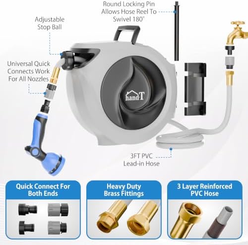 USA Based Retractable Garden Hose Reel, 1/2 in x 50 ft Quick Connect 10-Pattern Sprayer, Wall Mounted Auto Self Retracting Water Hose Reels, UV Resistant Automatic Rewind 180° Mount | Gray - Image 4