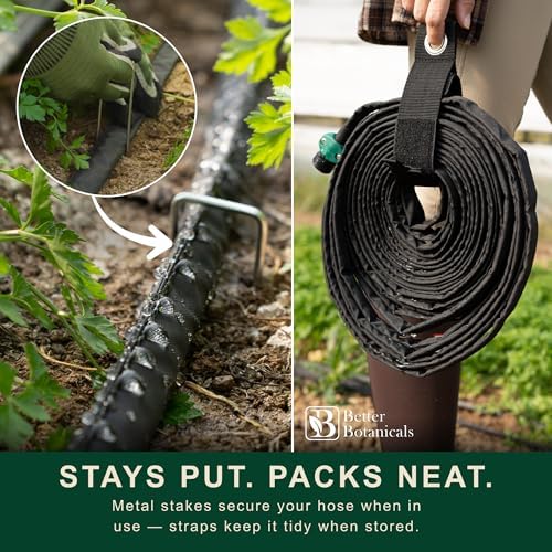 100 FT Flat Soaker Hose (2 x 50 FT) – Drip Irrigation for Garden Beds, Raised Beds & Landscaping – Kink-Resistant, Even Watering, Includes 16 Steel Stakes & Storage Straps - Image 5