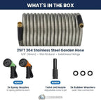 25FT Metal Garden Hose 5/8", 304 Stainless Steel with 2 Spray Nozzles (10 Patterns) & 1 Twist Nozzle, Solid Brass Fittings, No-Kink, Puncture Resistant for Yard, Lawn & Patio - Image 2