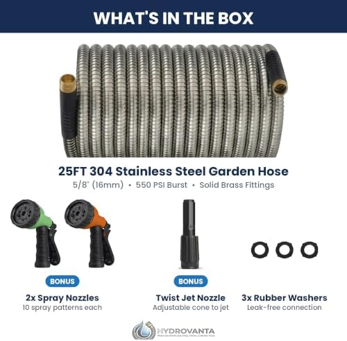 25FT Metal Garden Hose 5/8", 304 Stainless Steel with 2 Spray Nozzles (10 Patterns) & 1 Twist Nozzle, Solid Brass Fittings, No-Kink, Puncture Resistant for Yard, Lawn & Patio - Image 2