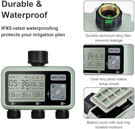 Watering Timer 3 Zone, Sprinkler Timer, Programmable Garden Outdoor Hose Faucet Timer with Rain Delay, Auto & Manual Watering System,Water Hose Irrigation Timers 3 Outlet for Garden Lawn - Image 7