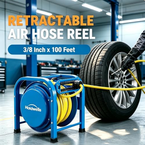 Heavy Duty Retractable Air Hose Reel, 3/8" x 100FT Flex Hybrid Hose, 300PSI Max, Spring-Driven Steel Frame, Floor-Standing Quad Pod Design, Portable & Kink-Resistant - Image 4