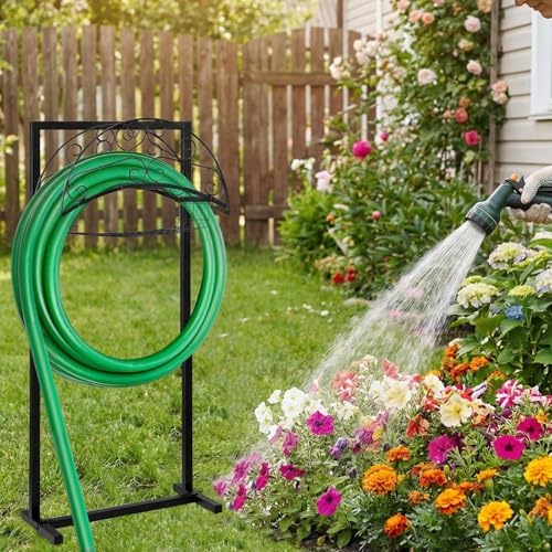 Freestanding Garden Hose Holder with Storage Basket, Black - Image 5