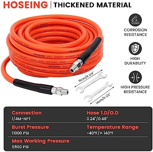 200FT Pressure Washer Sewer Jetter Kit, 5800 PSI Water Jet Drain Cleaner Hose with Corner Rotating Button Nose Nozzle, 1/4 Inch NPT, Sewer Jetter Nozzles Kit with Spanner Handle Strap - Image 2