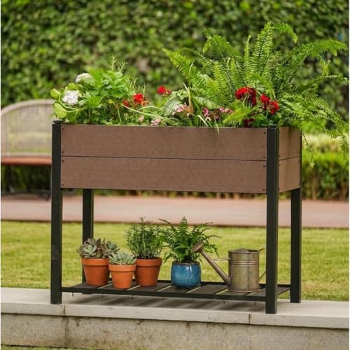 IDEALHOUSE 42.72"x19.49"x33.46" Raised Garden Bed, HDPE Elevated Planter Box with Sturdy Aluminum Frame, Wood Grain Outdoor Planter with Storage Shelf for Patio, Balcony, Lawn - Image 2