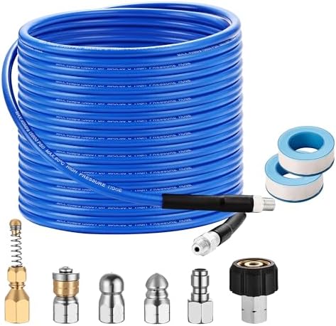 Selkie Pressure Washer Sewer Jetter Kit - 100Ft X1/4" Hydro Drain Jetter Cleaner Hose, Corner, Rotating and Button Nose Sewer Jetting Nozzle Waterproof Tape,Orifice 4.0 4.5,1/4 Inch NPT,5800 PSI by SELKIE