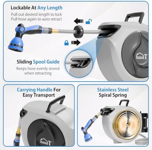 USA Based Retractable Garden Hose Reel, 1/2 in x 33 ft Quick Connect 10-Pattern Sprayer, Wall Mounted Auto Self Retracting Water Hose Reels, UV Resistant Automatic Rewind 180° Mount | Gray - Image 5