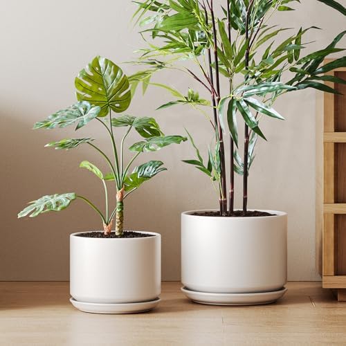 LE TAUCI 10 + 12 Inch Ceramic Plant Pots, Set of 2, White by LETAUCI