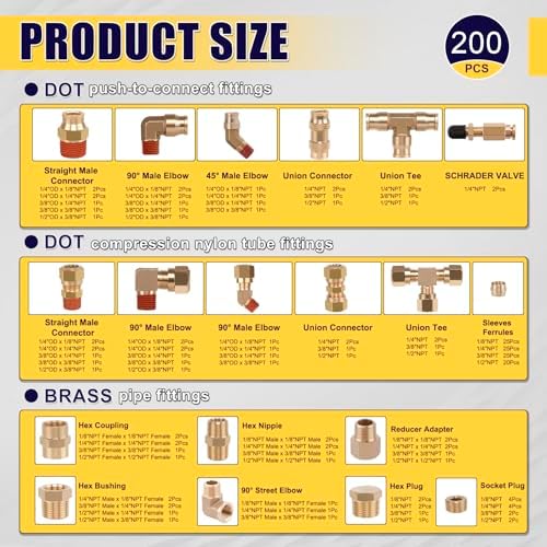 200 Pcs Brass DOT Air Brake Line & Compression Fittings Kit - Image 2