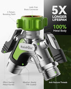 RAINPOINT Garden Hose Splitter 2 Way, All Metal Heavy Duty Water Hose Y Splitter With 2.05" Extra Long Side Handle & Shut Off Valves, 3/4 Inch GHT Thread Connector For Outdoor Spigot Faucet (Green,2) - Image 3