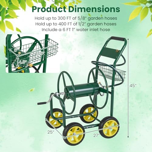 Goplus Garden Hose Reel Cart, 300 ft 5/8" or 400 ft 1/2", Heavy-Duty Metal Hose Cart w/ 4 Wheels, Storage Basket, Portable Water Hose Organizer for Yard Planting Lawn - Image 6
